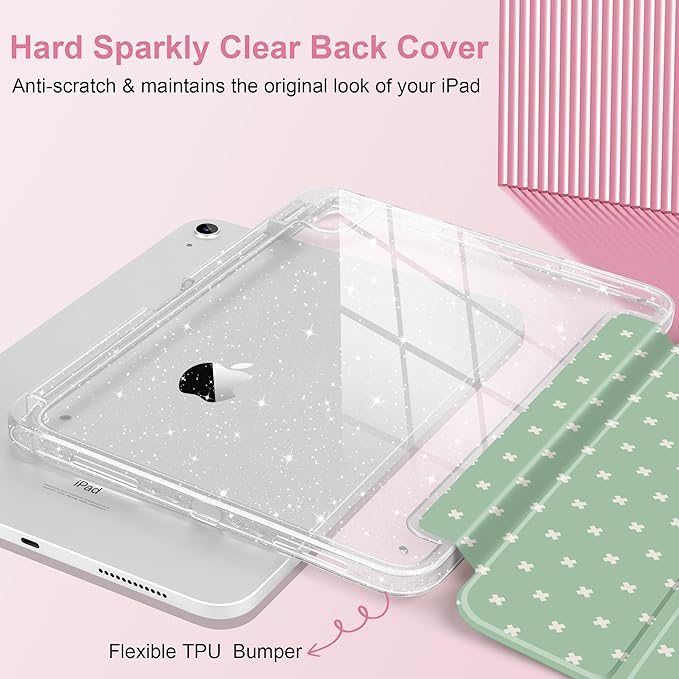 DONGKE for iPad Pro 11 inch Case – Fits M5 2025 / M4 2024, Shockproof Sparkling Glitter Acrylic Back, Pencil Holder, Trifold Stand, Auto Sleep/Wake & Touch ID Support - Green Cross Dot