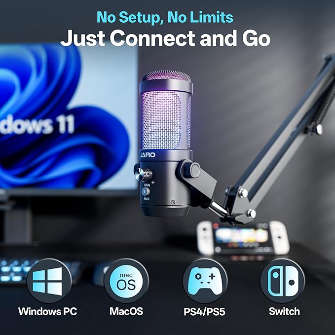 JARO USB Podcast Microphone with Boom Arm, Studio Condenser Mic with Real-Time Monitoring, Mute, Volume Control Ideal for Voice & Singing (Black)