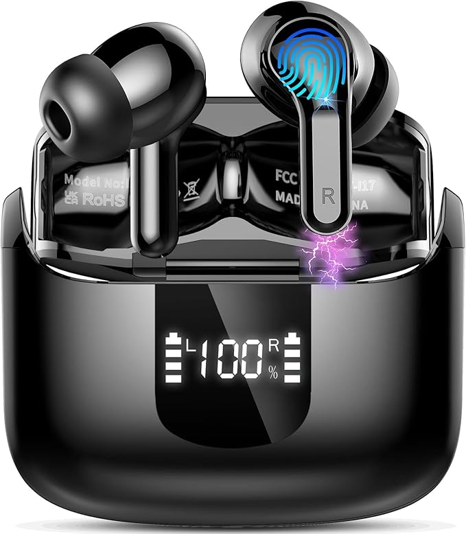 Wireless Earbuds, 2026 Bluetooth 5.4 Headphones NEW Ear Buds 40H Bass Stereo in-Ear Earphones ENC Noise Cancelling Earbuds with 4 HD Mic, USB-C LED Display IP7 Waterproof Sport Headset for Android iOS