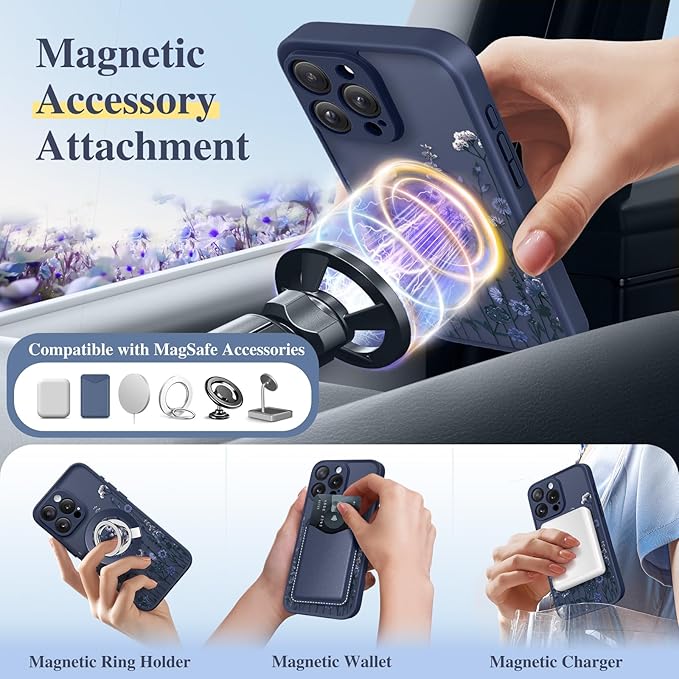 GVIEWIN for iPhone 16 Pro Max Case Compatible with MagSafe, [Military Grade Protection] [Screen Protector] Full Camera Protection Floral Translucent Women Magnetic Phone Case, Floratopia/Blue