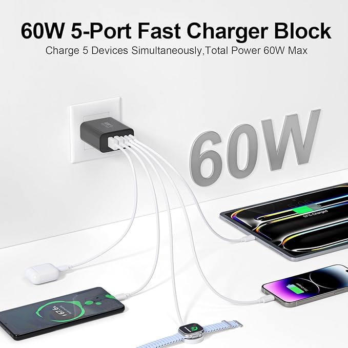 USB C Charger Block, 60W 5-Port Type C Charger Fast Charging Block, USBC USB Multiple Port Wall Charger Plug Adapter for iPhone 17/Air/16/15/14/13/12/11 Pro Max, Samsung Galaxy, iPad, Tablet (Black)