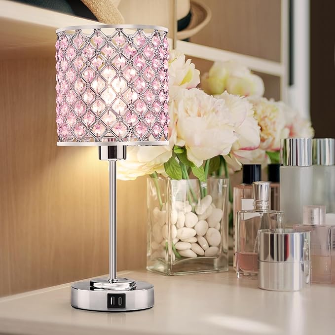 GyroVu Crystal Table Lamp, Bedside Crystal Lamp, Dimmable Touch Nightstand Lamp with USB-C+A Charging Ports Pink Night Lights Decorative Accent Lamp for Bedroom, Living Room, Office, Girls Room