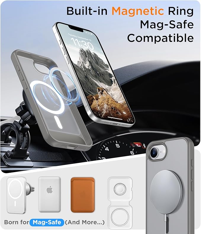 Magnetic Compatible with iPhone 16E Case, [Built-in Invisible Kickstand][Compatible with MagSafe][Military Grade Shockproof] Slim Translucent Matte Case for iPhone 16E 6.1" 2025