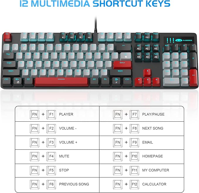 MageGee Mechanical Gaming Keyboard, New Upgraded 104 Keys Blue Backlit Keyboards with Blue Switches, USB Wired Mechanical Computer Keyboard for Laptop, Desktop, PC Gamers(Black & Gray)
