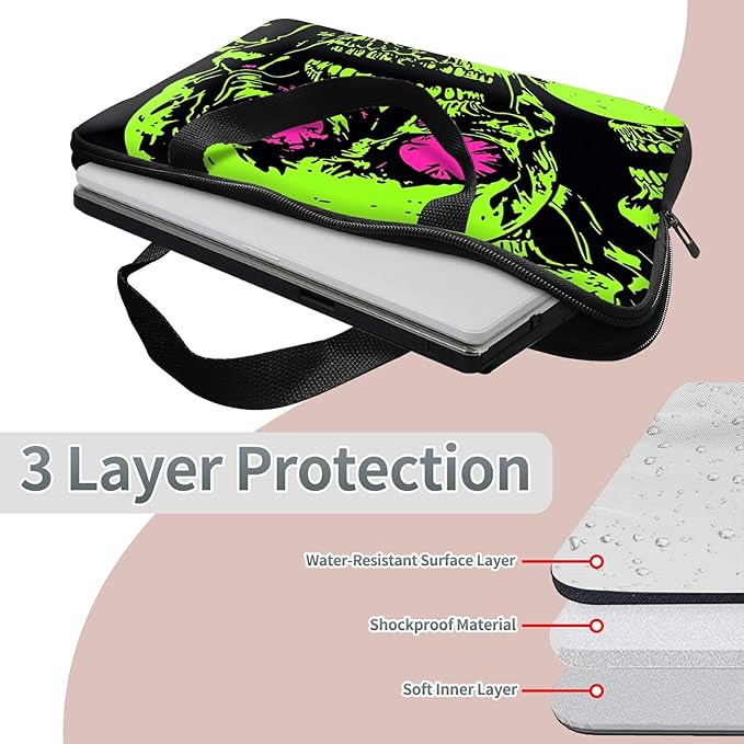 Universal Laptop Sleeve Case 12 inch, Neon Green Skull Slim Carrying Case Handbag Travel Laptop Bag for Surface Pro 9 8 7/Laptop Go 2 3, MacBook Air 11/12
