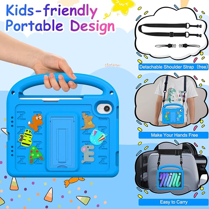 Kids Case for iPad mini 7(A17 Pro) 2024/iPad Mini 6 2021 8.3 Inch, with Built-in Pencil Holder/Anti-Slip Handle/Foldable Stand, Shockproof Protective iPad mini 7th/6th Generation Case 8.3 Inch