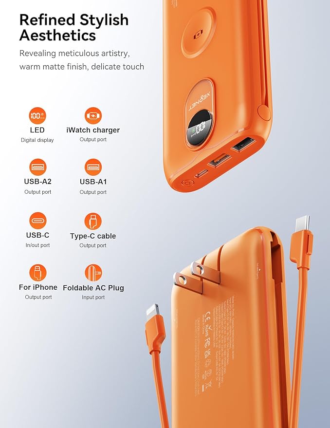 Portable Charger, 10000mAh 22.5W Power Bank Fast Charging with Wall Plug, Built-in Cables, LED Display, Compact Lightweight USB C Travel Battery Pack for iPhone 17/16, Android Cell Phone, Pad, iWatch