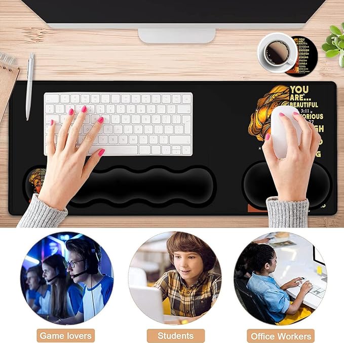 Large Mouse Pad with Wrist Support Ergonomic Memory Foam Keyboard Wrist Support & Non-Slip Mouse Wrist Rest,Extended Gaming Mouse Pads,for Laptop Office Desk Mat African Art Black Queen Anime Pattern