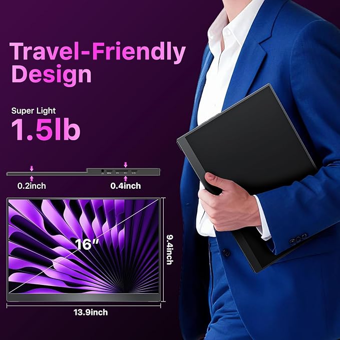 kksmart Portable Monitor for Laptop MacBook Surface PC Xbox PS5, Travel Monitor Second Screen for Laptop, HDMI USB-C VESA Compatible Built-in Speaker, 16