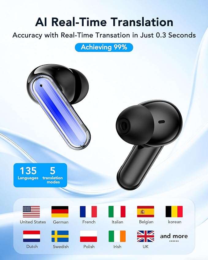 MS110 Wireless Ear Buds,40h Playtime Earbuds with Ai Translation Earbuds Real Time, 6.0 Bluetooth Earbuds,IPX5 Waterproof & Active Noise Cancelling Earphones for Phones/Meeting/Travel/Learning /Sports