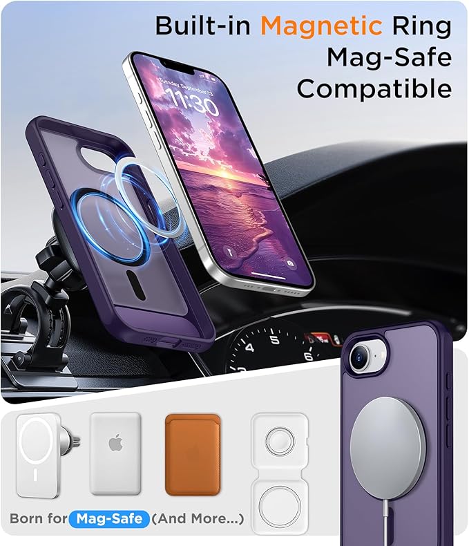 Magnetic Compatible with iPhone 16E Case, [Built-in Invisible Kickstand][Compatible with MagSafe][Military Grade Shockproof] Slim Translucent Matte Case for iPhone 16E 6.1" 2025