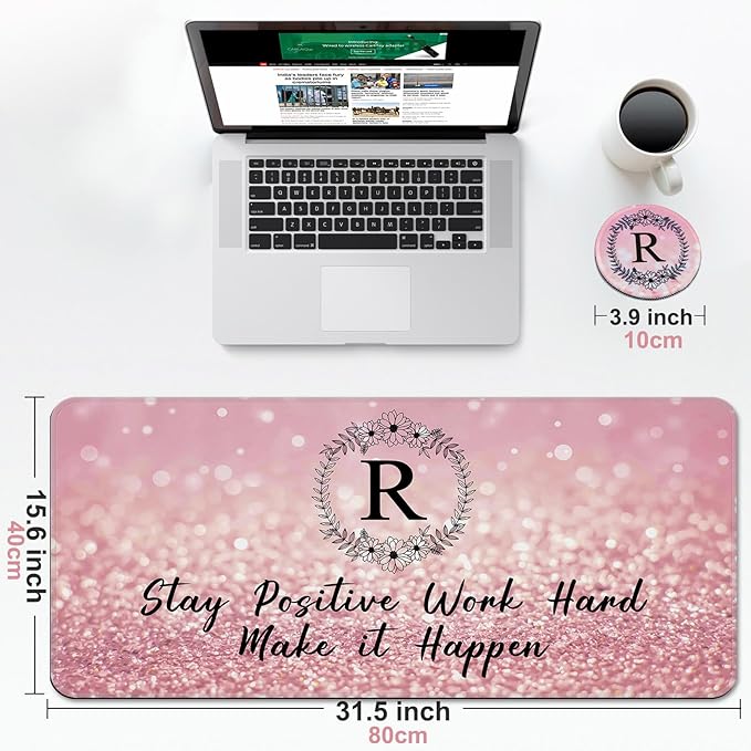Pink Large Gaming Mouse Pad with Coaster, Desk Mat, Mouse Pad for Computer Keyboard Laptop Office Decor, Stitched Edges Extended Mousepad, 31.5'' x15.6''-Letter R