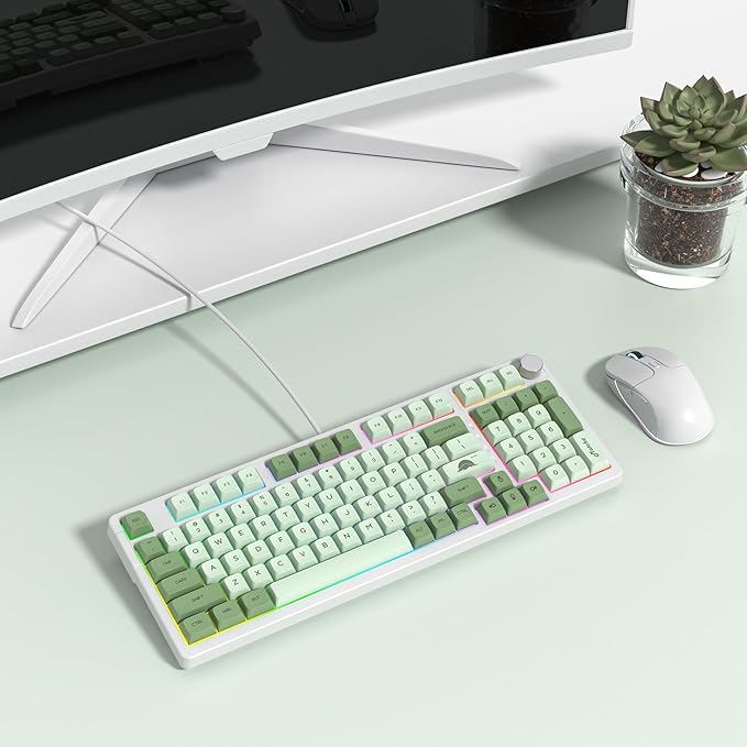 Wired Creamy Gaming Keyboard with Number Pad, 96% Hot-swappable Mechanical Keyboard, Full Layout Custom Keyboard Gasket Mounted with Red Switch Knob Control(Green)