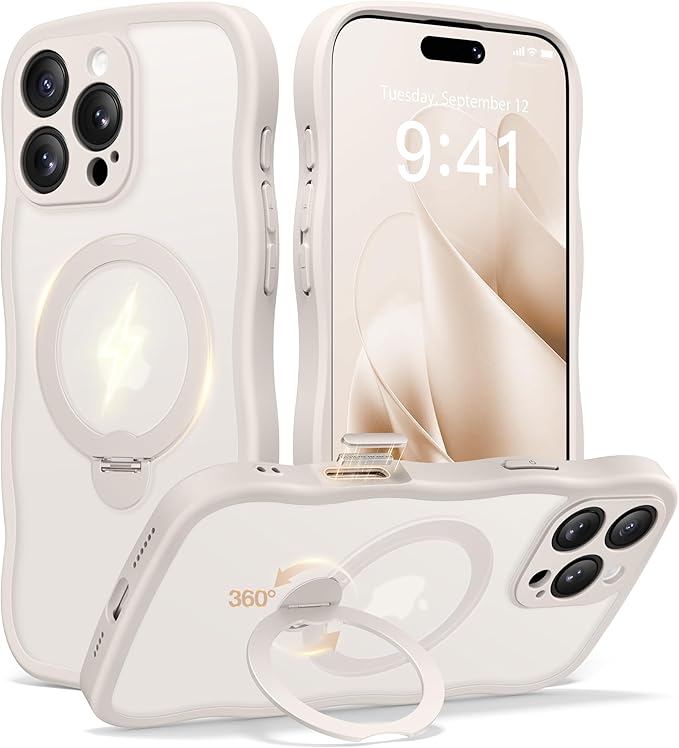 CAPRARO for iPhone 16 Pro Max Case with 360° Spin Magnetic Stand for Women, [Compatible with MagSafe] [Full Camera Protection] Cute Wave Translucent Matte Case for iPhone 16 Pro Max,Stone