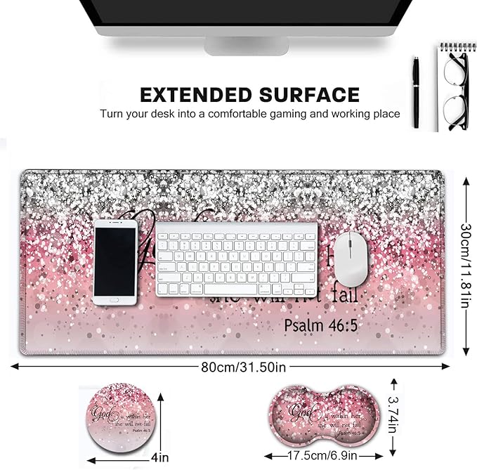 Large Gaming Mouse Pad, Extended Waterproof Desk Pad Protector (31.5" x 11.8") Ergonomics Memory Foam Mouse Wrist Rest Support, for Home Office Laptop Easy Typing, Psalm 46:5 Pink Glitter Mouse Mat