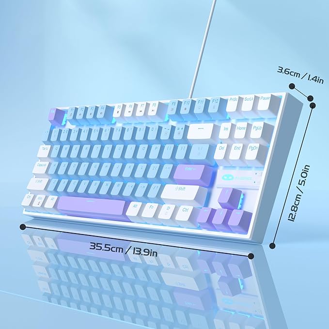 MageGee 75% Mechanical Gaming Keyboard, Blue Switch, LED Blue Backlit, 87 Keys Compact TKL Wired Keyboards for Windows Laptop PC Gamer - Blue/White