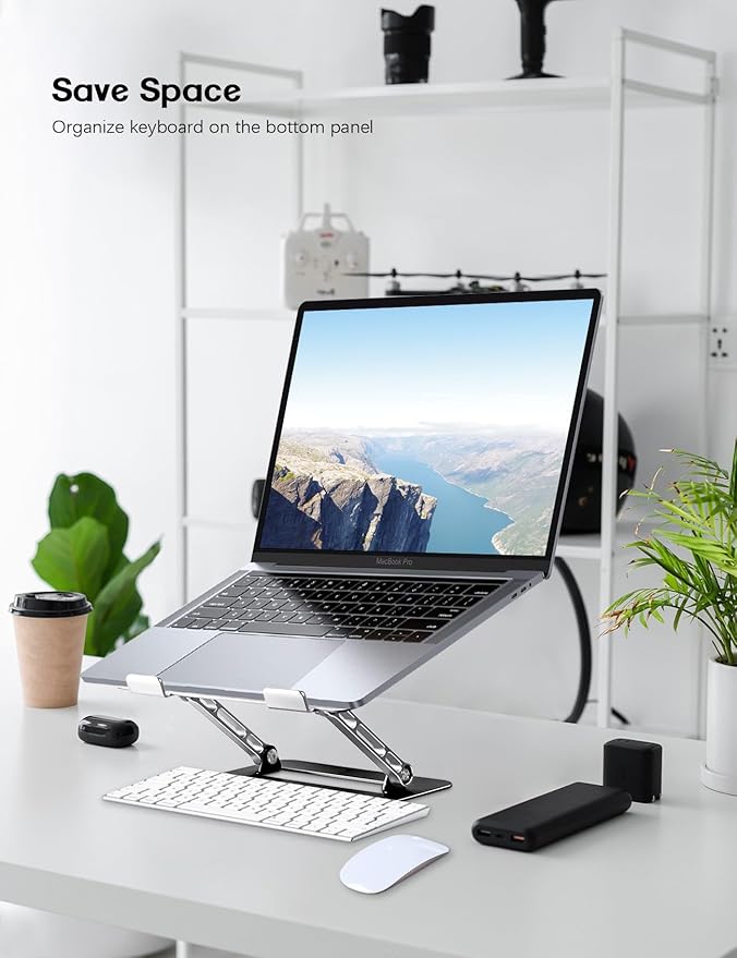 Aoviho Adjustable Laptop Stand for Desk,Portable Laptop Stand Holder and Riser,Foldable Aluminum Notebook Computer Stands for MacBook Air Pro HP Lenovo Dell Samsung, 10-15.6 inch (Silver-Gray-Black)