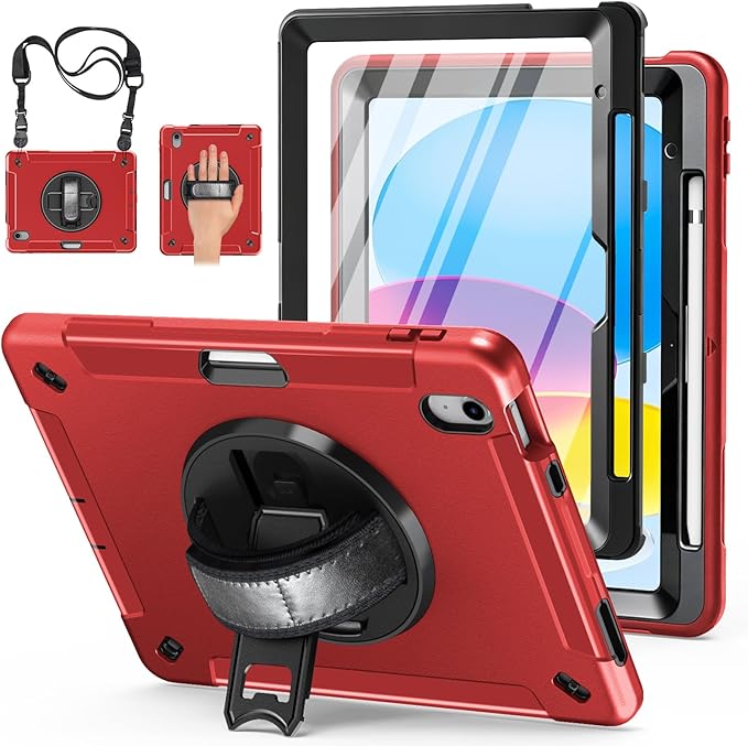 Case for iPad (A16) 11th/10th Generation Case: Protective Cover for iPad 11th Gen 11 Inch 2025 &10th Gen 10.9" 2022 with Screen Protector- Stand- Shoulder Strap- Handle- Pencil Holder-Red