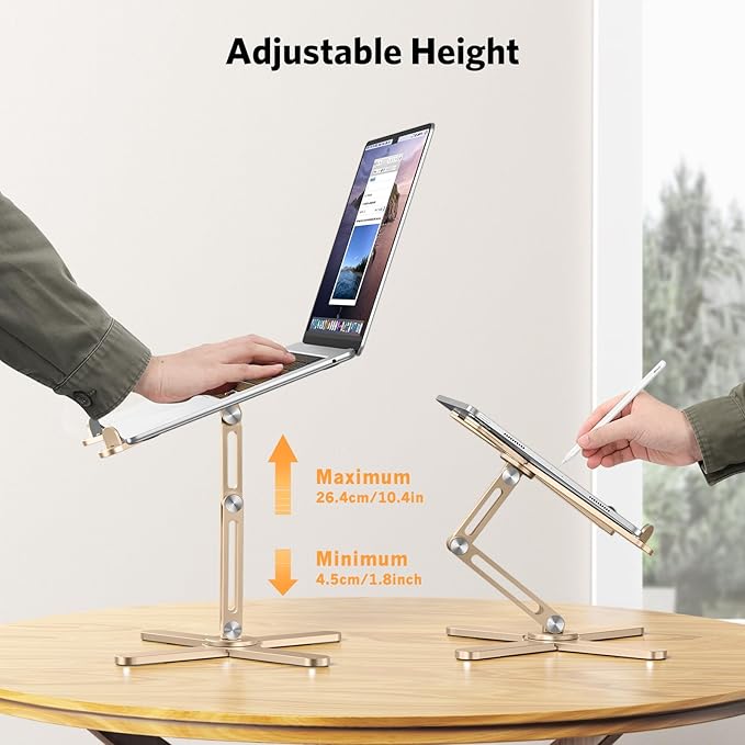 OMOTON 360° Rotating Laptop Stand Riser for Desk, Ergonomic Foldable Computer Stand Adjustable Height Angles for Collaborative Work, Easy Storage Fit Macbooks,All Laptops up to 16 inches, Gold