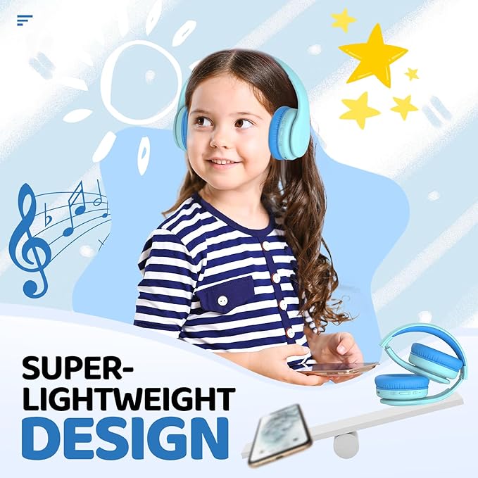 JoySpark Kids Bluetooth Headphones, Lightweight Wireless Headphones for Kids, 85/94dB Volume Limited, 60 Hours Playtime, Bluetooth 5.3, Over-Ear Toddler Headsets with Built-in Mic (Macaron Blue)