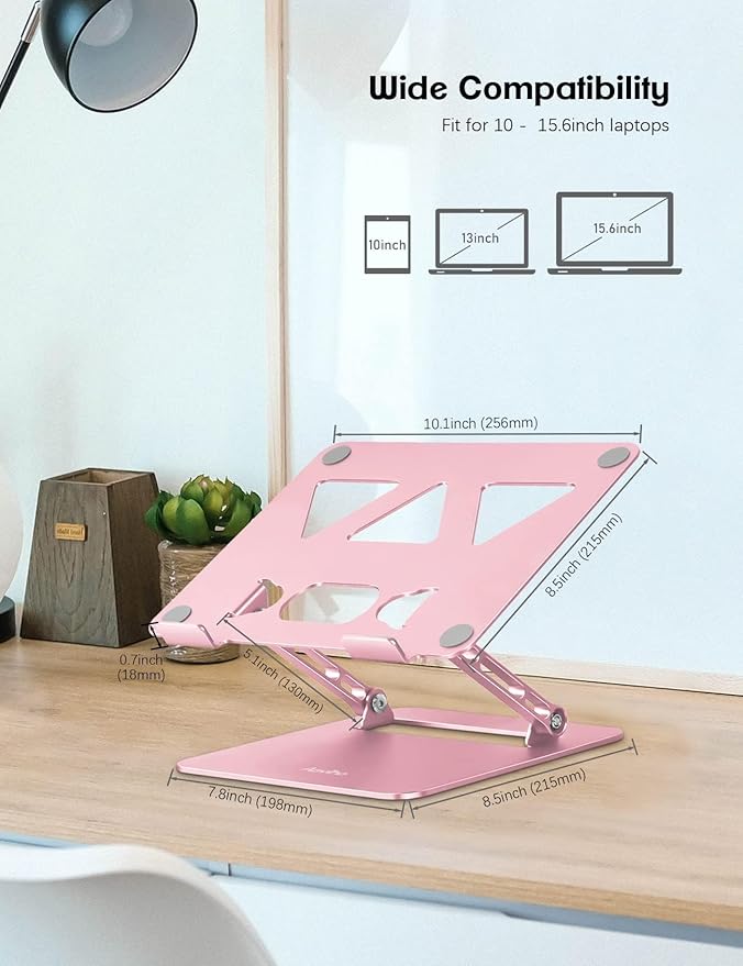 Aoviho Laptop Stand Holder, Adjustable Desk Laptop Riser, Foldable Notebook Computer Stands for MacBook Air Pro HP Lenovo Dell Samsung Chromebook, Up to 15.6 inch, Rose Gold