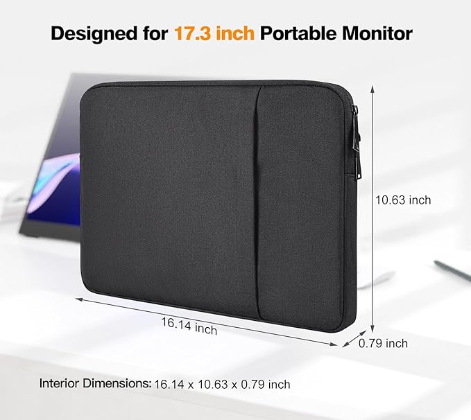Portable Monitor Sleeve 17.3 inch, Padded Shockproof Carry Case for Most 17.3" Portable Display Monitors, Water-Resistant Laptop Bag Cover with Accessory Pocket -Black