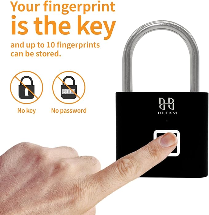 HIFAM Fingerprint Padlock, Keyless Biometric Gate Locks for Outdoor Fence Storage Gym, Smart Lock with USB Rechageable (Black)