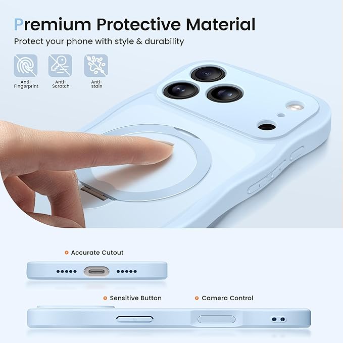 CAPRARO for iPhone 17 Pro Max Case with 360° Spin Magnetic Stand for Women, [Compatible with MagSafe] [Full Camera Protection] Cute Wave Translucent Matte Case for iPhone 17 Pro Max, Light Blue