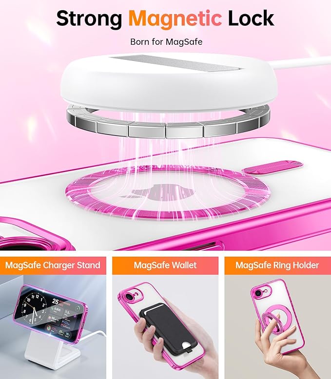 Meifigno Designed for iPhone 17e/16e Case 6.1", [Compatible with MagSafe] [Glitter Card & Wrist Strap] [2X Screen Protectors] Surround Raised Lens Protection Phone Case for 17e/16e, Hot Pink