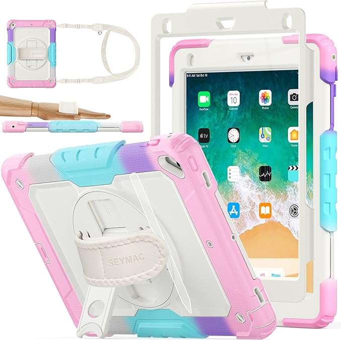SEYMAC stock Case for iPad 6th / 5th Generation Case/Air 2 / Pro 9.7 inch, Heavy Duty Protective with Screen Protector, with Pencil Holder, Hand Strap, Shoulder Strap, 360 Rotate Stand,Yellowish+Pink
