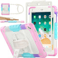SEYMAC stock Case for iPad 6th / 5th Generation Case/Air 2 / Pro 9.7 inch, Heavy Duty Protective with Screen Protector, with Pencil Holder, Hand Strap, Shoulder Strap, 360 Rotate Stand,Yellowish+Pink