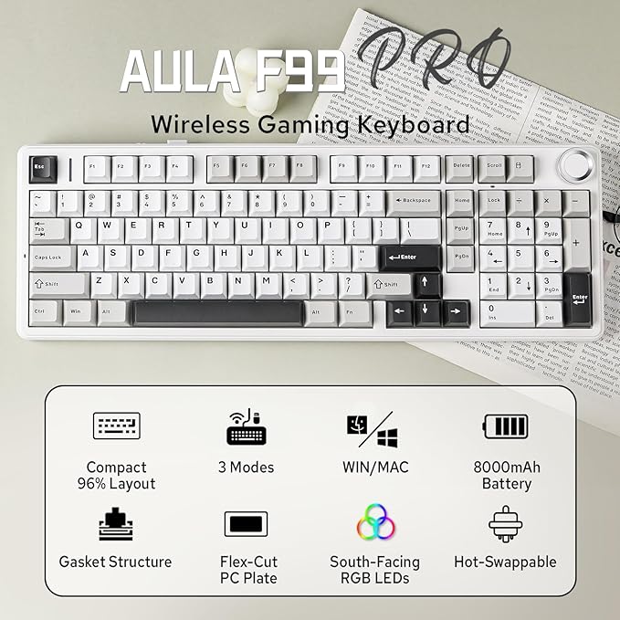 MechLands Aula F99 PRO 96% Mechanical Gaming Keyboard, BT5.0/USB-C/2.4GHz Wireless, Hot Swappable Gasket Custom Keyboard with 8000mAH Battery, Rotary Knob, RGB Backlit for Win/Mac (White Grey)