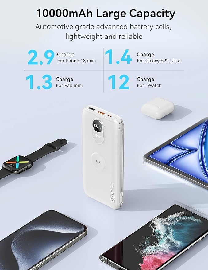 Portable Charger, 10000mAh 22.5W Power Bank Fast Charging with Wall Plug, Built-in Cables, LED Display, Compact Lightweight USB C Travel Battery Pack for iPhone 17/16, Android Cell Phone, Pad, iWatch