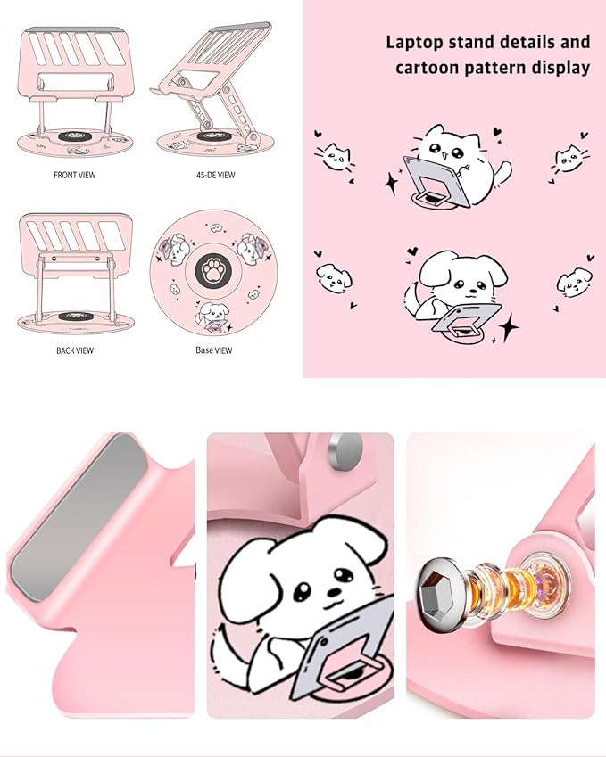 Upgraded Pink Swivel Laptop Stand - 360° Rotating Base & Foldable|Cute Dog Patterns for Healing Vibe|Fits MacBook & 13-15" Laptops|Ideal for Desk Work,Office,Travel,Home,Painting