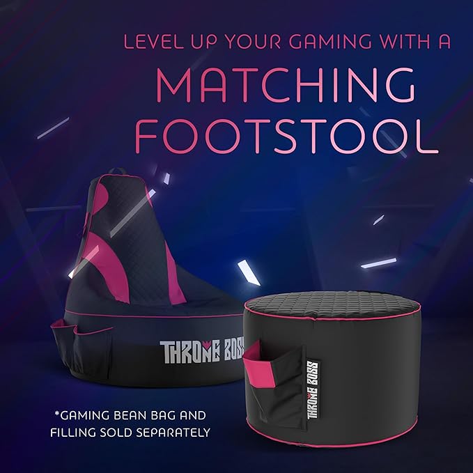 Throne Boss Gaming Footstool - Cover ONLY No Filling - Matching Bean Bag Chair Pouf/Ottoman - Round Gamer Foot Stool Footrest with Drink Holder (Pink)