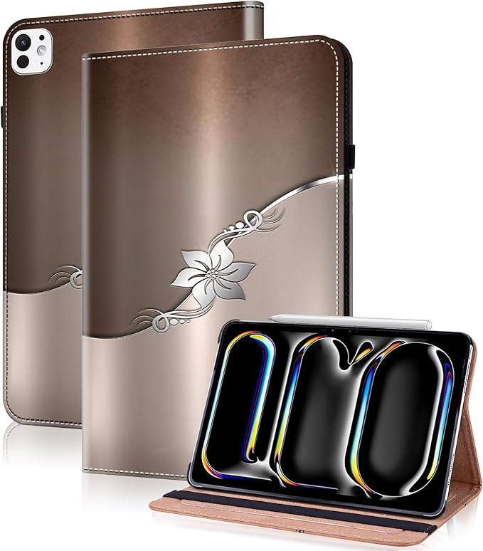Case for iPad Pro 11 inch Case (M5/M4) 2025/2024, Premium Leather Folio Stand Cover with Auto Wake/Sleep, Pencil Holder and Card Slots - Silver Flower