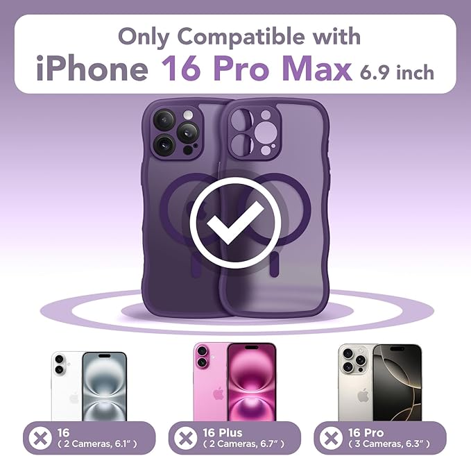 CAPRARO for iPhone 16 Pro Max Case for Women Girls, Upgraded [Full Camera Protection] [Compatible with MagSafe] Cute Wave Translucent Matte Phone Case for iPhone 16 Pro Max, Deep Purple