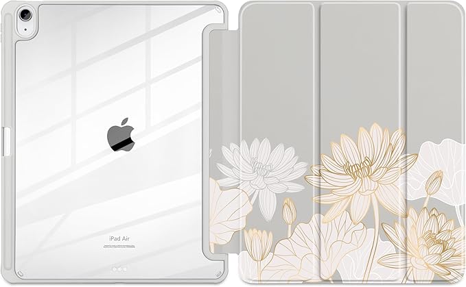 Case for iPad Air 13 inch 2026 M4 2025 M3 2024 M2 Release with Pencil Holder - Aesthetic Cute Design Trifold Cover with Soft TPU Bumper Clear Back Auto Sleep/Wake for Girls Women, Golden Lotus