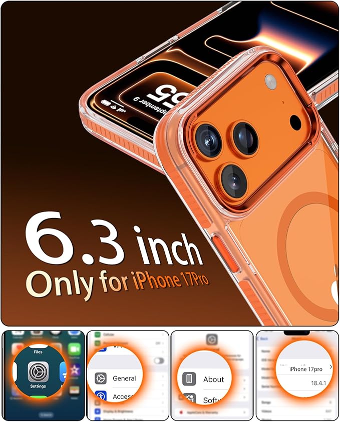 Full Body Protection Kit for iPhone 17 Pro Case, MagSafe Compatible Clear Cover, Orange Non-Slip Grip Bumper, N52 Magnetic Backing, Includes Tempered Glass Screen Protector and Lens Film