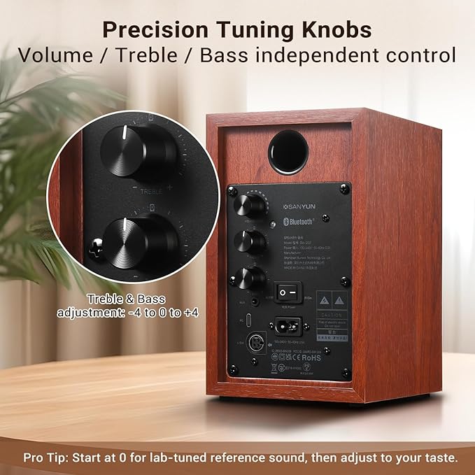 Sanyun SW203 2.0 Desktop Computer Speakers - Near-Field 3D Stereo with Vertical Imaging - 60W Triple-DSP Dual Independent Drive - 24bit USB-C DAC Bluetooth 5.4 AUX, HiFi PC Gaming (Pair, Cherry)