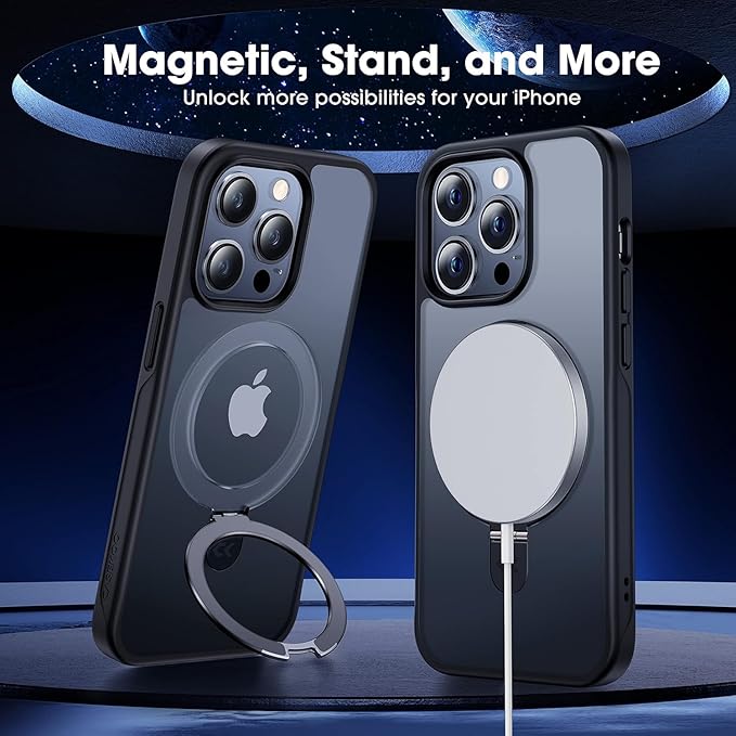CASEKOO for iPhone 15 Pro Case with Magnetic Invisible Stand [Military Drop Protection] [Compatible with MagSafe] Shockproof Slim Translucent Matte Case 6.1 Inch, Black, for Man/Woman