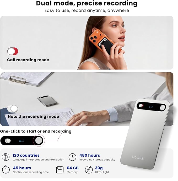 Mocoll AI Voice Recorder, Transcribe & Summarize with AI, App Control,Supports 120 Languages,64GB Note Taking Device w/Magnetic Case, 45H Recording, Ultra-Slim, Note Taker for Meetings, Interviews