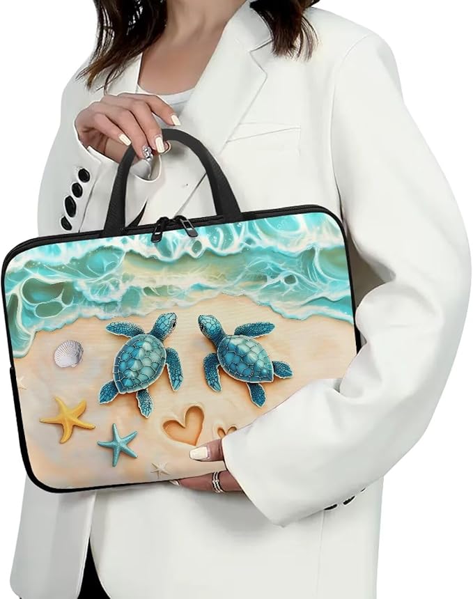 Sea Turtle Laptop Bag 13 Inch Computer Sleeve for Women Men Beach Starfish Padded Notebook Carrying Case with Handle Laptop Cover, Blue