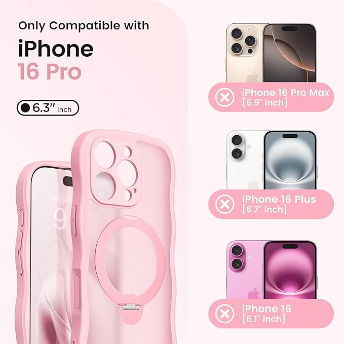 CAPRARO for iPhone 16 Pro Case with 360° Spin Magnetic Stand for Women, [Compatible with MagSafe] [Full Camera Protection] Cute Wave Translucent Matte Case for iPhone 16 Pro, Peach Pink