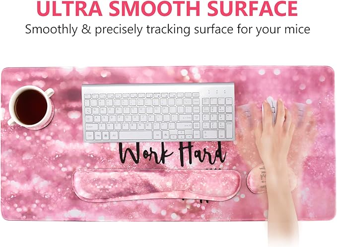 DINKY Keyboard Mouse Pad Set, Large Gaming Mousepad + Memory Foam Ergonomic Keyboard Wrist Rest Support, Easy Typing Pain Relief, 4Pcs (35.4" x 15.7") Extended Desk Mat -Pink Glitter Letters
