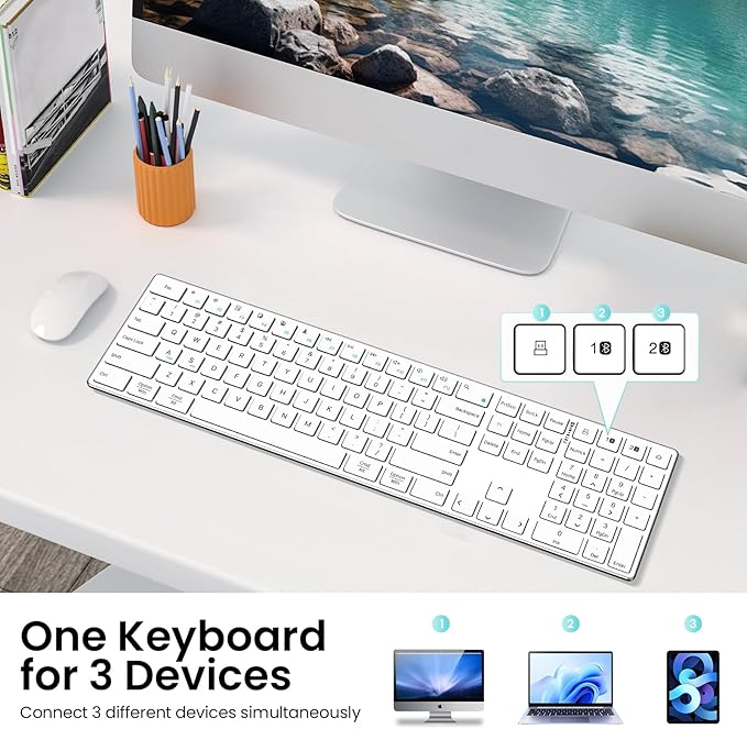 TIETI 2.4G Wireless Bluetooth Keyboard Rechargeable, Stainless Steel Ultra Slim Full Size Keyboard with Numeric Keypad Low Profile Silent Cordless Keyboards for Computer/Mac/Windows