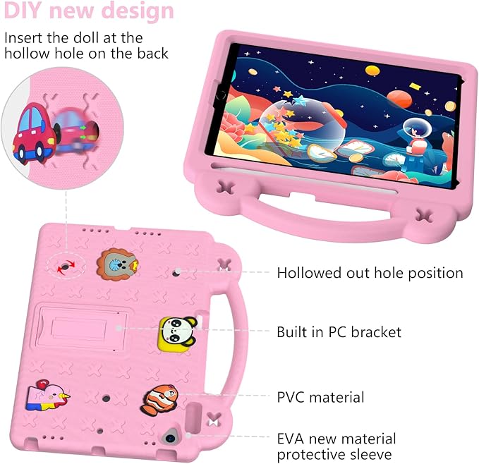 Dteck for iPad 9th/8th/7th Generation 10.2" Kids Case,Cartoon Panda Shockproof Rugged Lightweight Convertible Handles Stand Kids Friendly Case with Pencil Holder for iPad 10.2 inch 2021/2020/2019,Pink