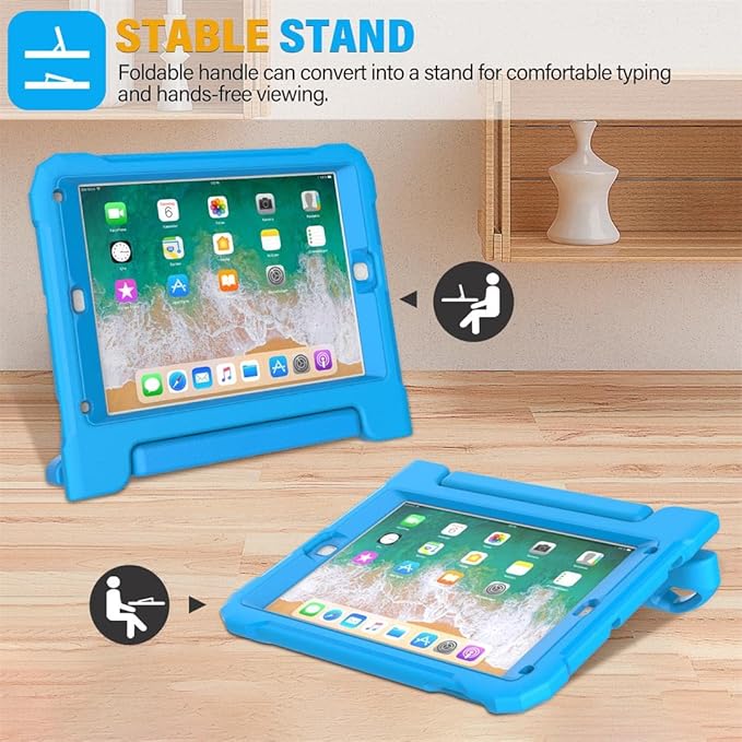 SUPLIK Kids Case for iPad 5th/6th Generation (9.7 inch, 2017/2018), iPad Air 1 & Air 2 & Pro 9.7 Case with Screen Protector, Durable Shockproof Kids Cover with Handle Stand, Blue