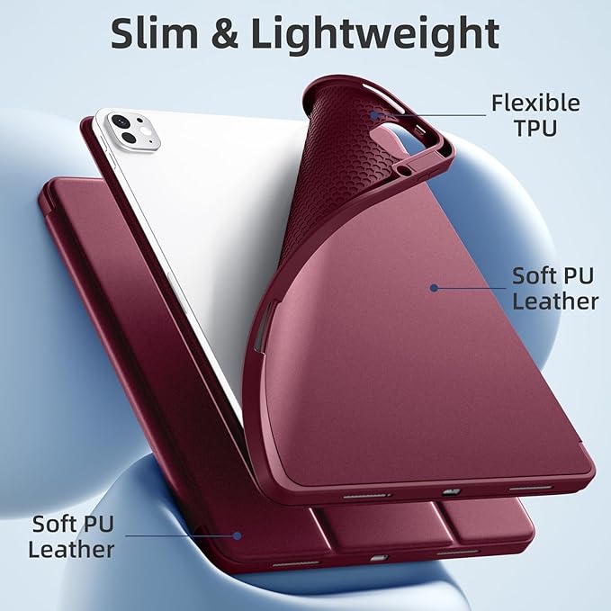 Akkerds Compatible with iPad Pro 13 Inch Case (M5/M4) 2025/2024, for iPad 13 Pro Case with Pencil Holder, Slim Trifold Stand Protective Cover with Soft TPU Back, Auto Wake/Sleep (WineRed)