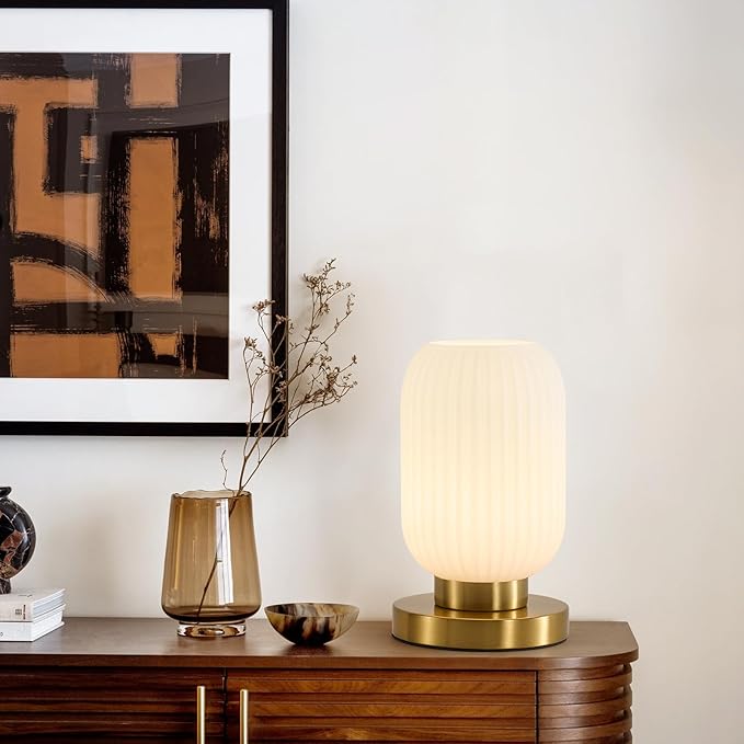 Glass Mid Century Table Lamp: 5.9" Milk White Ribbed Small Nightstand Bedside Vintage Desk Lamps - Cute Cozy Ambient Bedroom Night Lamp with Dimmable Plug in Cord - Modern e26 Grass Entryway Mcm Lamps